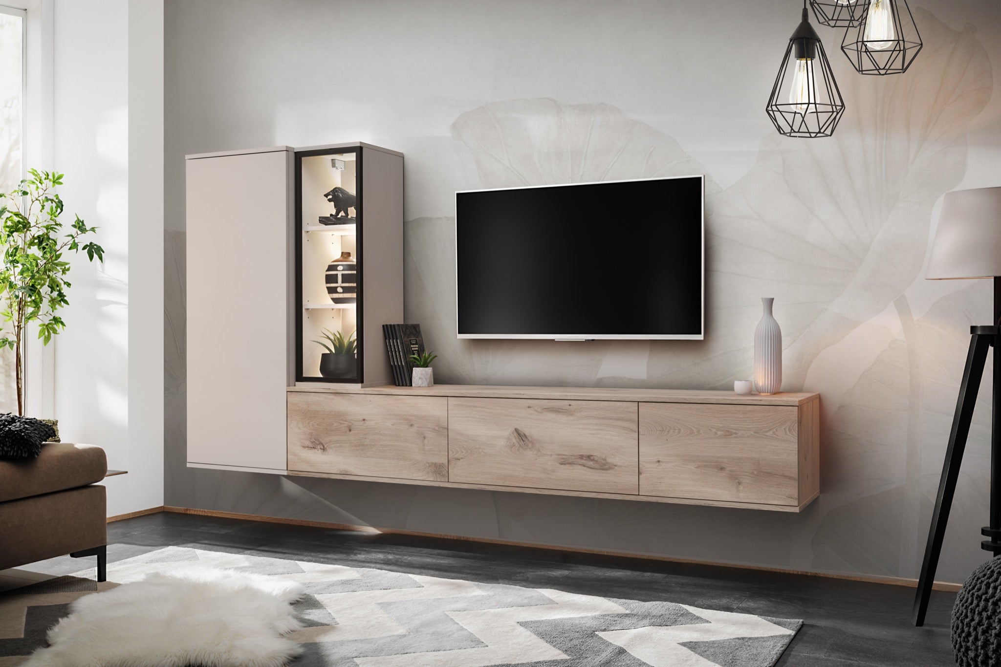 Wohnwand CLARE TV Sideboard Hängeschrank Glastür LED Wohnzimmermöbel – Wohnideebilder