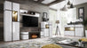 Wohnwand CROSS TV Sideboard mit Kamin Hochschrank Mittelschrank Regal Kommode LED Wohnzimmermöbel