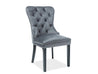 Stuhl für Esszimmer und Esstisch August Velvet in dem Stoff Bluvel, Farben: grau, schwarz, beige, grün, und marieneblau.